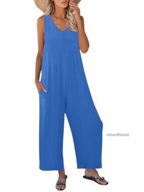 Sleeveless V Neck Tank Jumpsuit Loose Wide Leg Long Pants Romper with Pockets